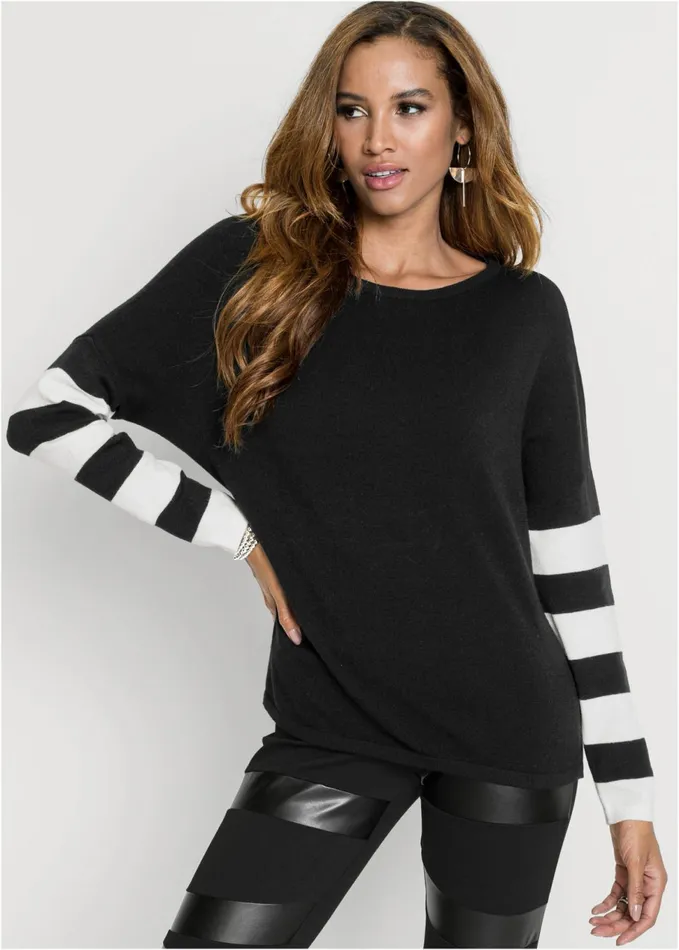 STRIPE SLEEVE SWEATER Black and White Women VENUS Pullover