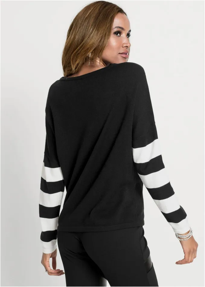 STRIPE SLEEVE SWEATER Black and White Women VENUS Pullover