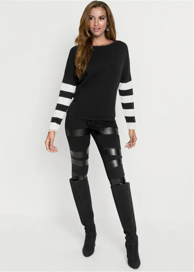 STRIPE SLEEVE SWEATER Black and White Women VENUS Pullover