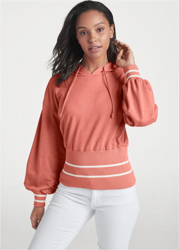 STRIPED RIB HOODIE Coral and White Women VENUS Sweatshirts and Hoodies