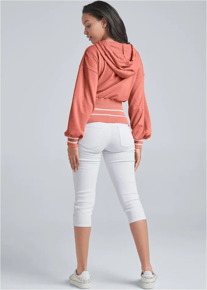 STRIPED RIB HOODIE Coral and White Women VENUS Sweatshirts and Hoodies