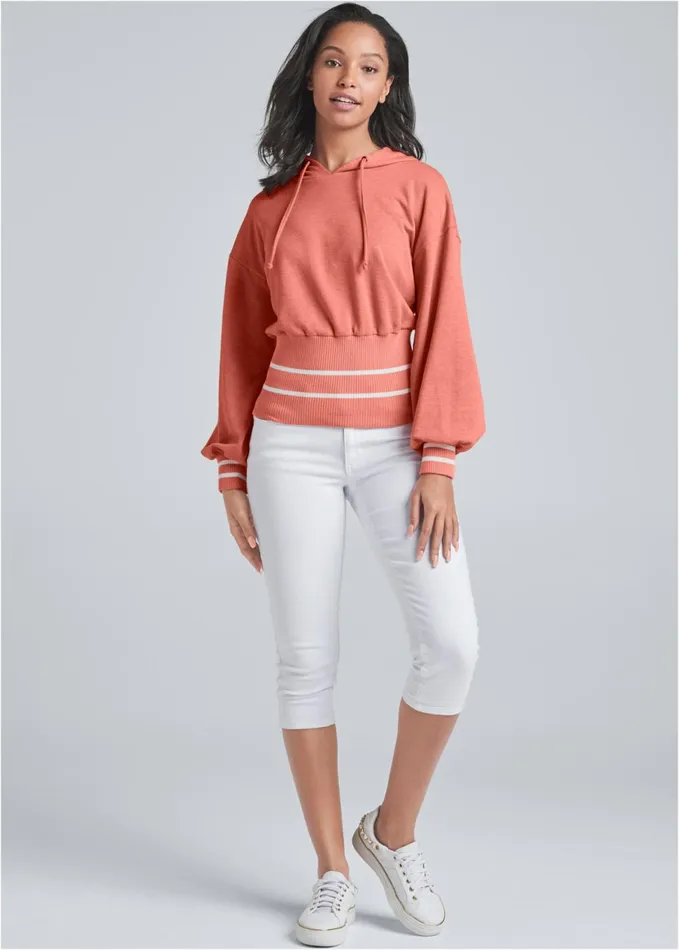 STRIPED RIB HOODIE Coral and White Women VENUS Sweatshirts and Hoodies