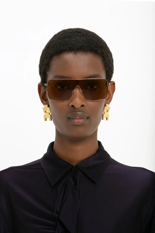 Sunglasses Women Victoria Beckham Rectangular Visor GoldFramed Sunglasses