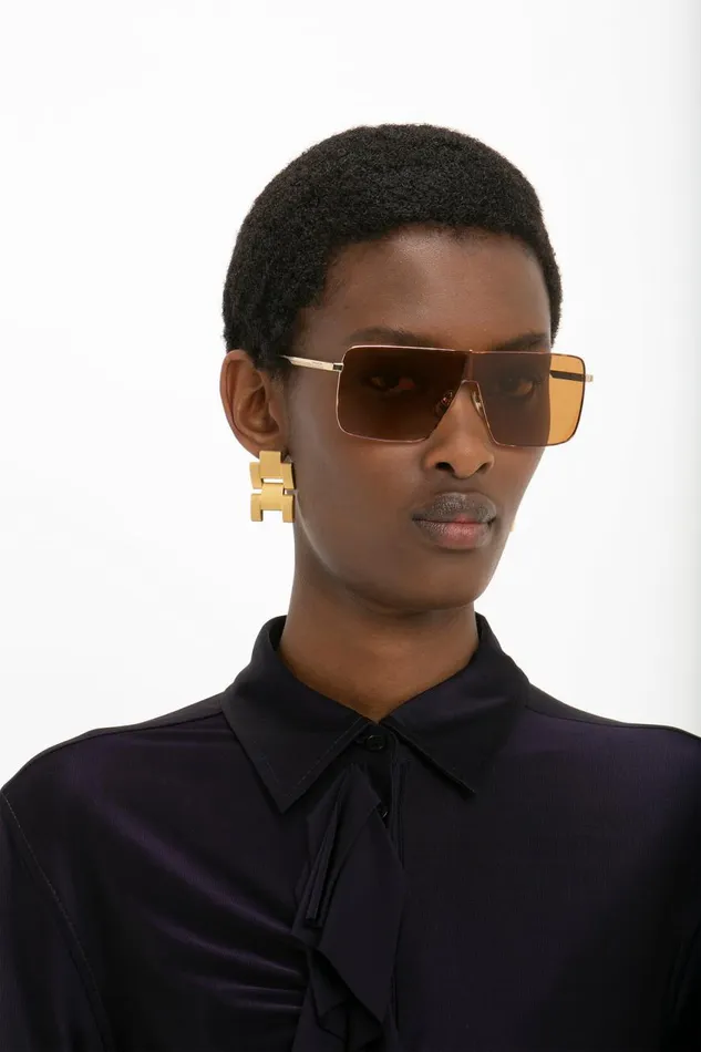 Sunglasses Women Victoria Beckham Rectangular Visor GoldFramed Sunglasses