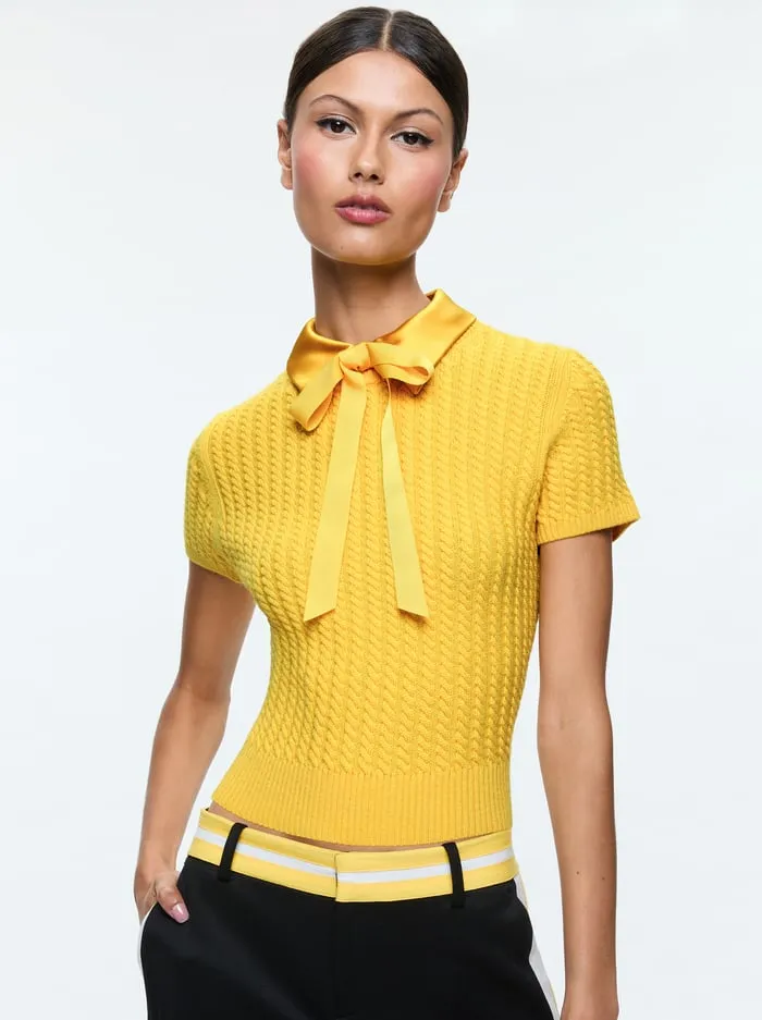 Sweaters Women Alice Olivia Abbott Short Sleeve Pullover With Woven Collar Mustard Seed Sweaters Women Alice Olivia Abbott Short Sleeve Pullover With Woven Collar Mustard Seed