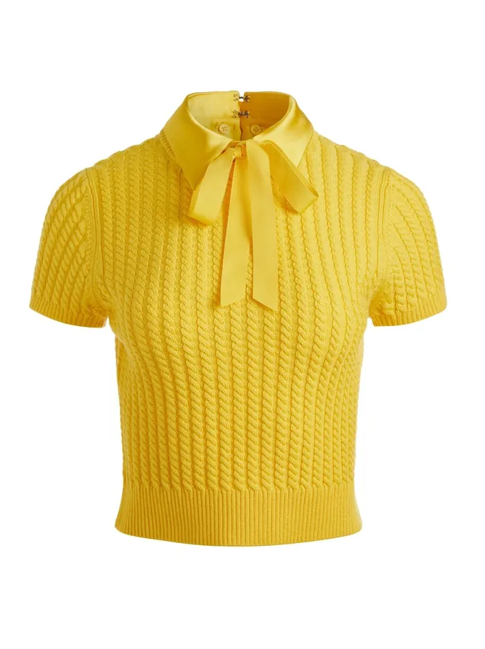 Sweaters Women Alice Olivia Abbott Short Sleeve Pullover With Woven Collar Mustard Seed