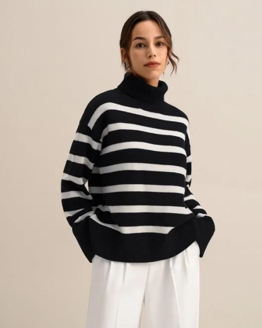Tarra Stripe Sweater 8211 Stylish Womenx27s Striped Wool Turtleneck Sweater Women Lilysilk Knitwear