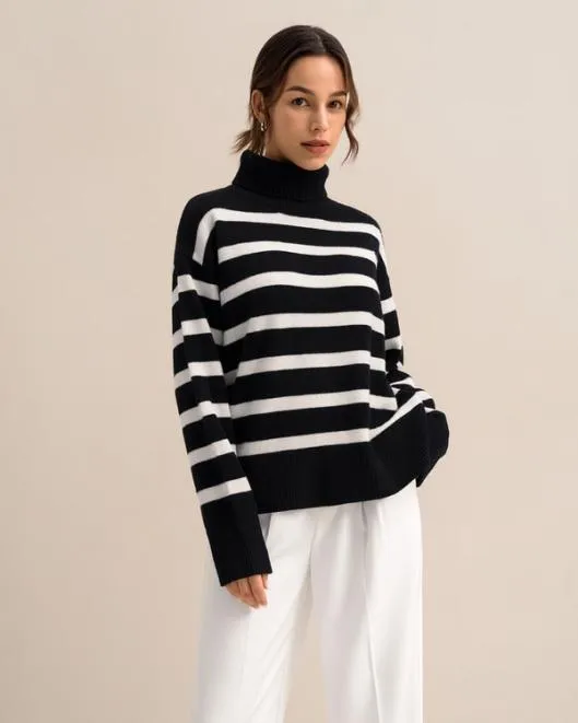 Tarra Stripe Sweater 8211 Stylish Womenx27s Striped Wool Turtleneck Sweater Women Lilysilk Knitwear