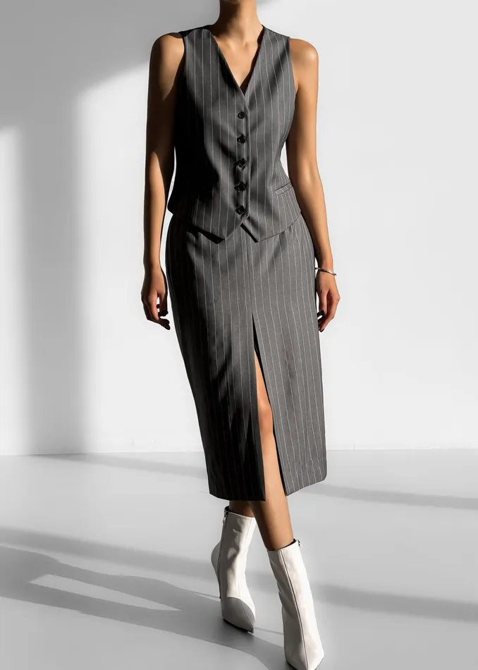 The Frankie Shop Bottoms Holland Midi Slit Skirt 8211 CharcoalWhite Pinstripe 8211 Women