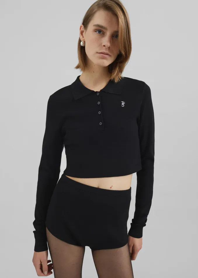 The Frankie Shop Knitwear Giselle Cropped Knit Polo 8211 Black 8211 Women