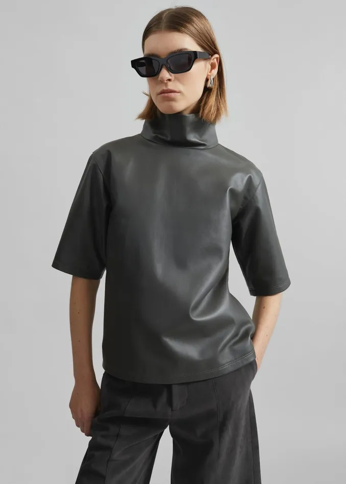 The Frankie Shop Tops Shiloh Leather Mock Neck Top 8211 Khaki 8211 Women