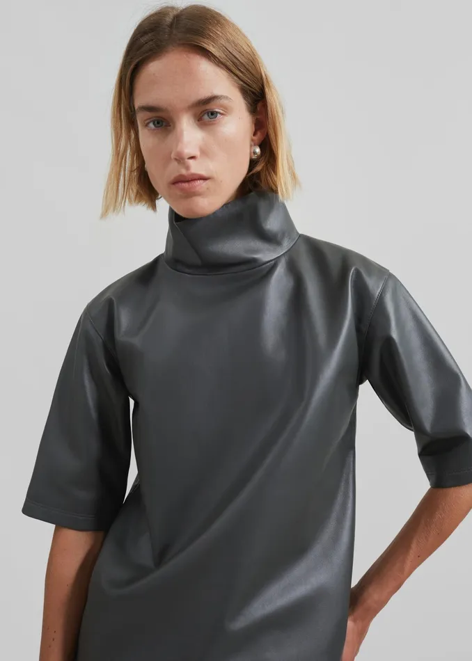 The Frankie Shop Tops Shiloh Leather Mock Neck Top 8211 Khaki 8211 Women