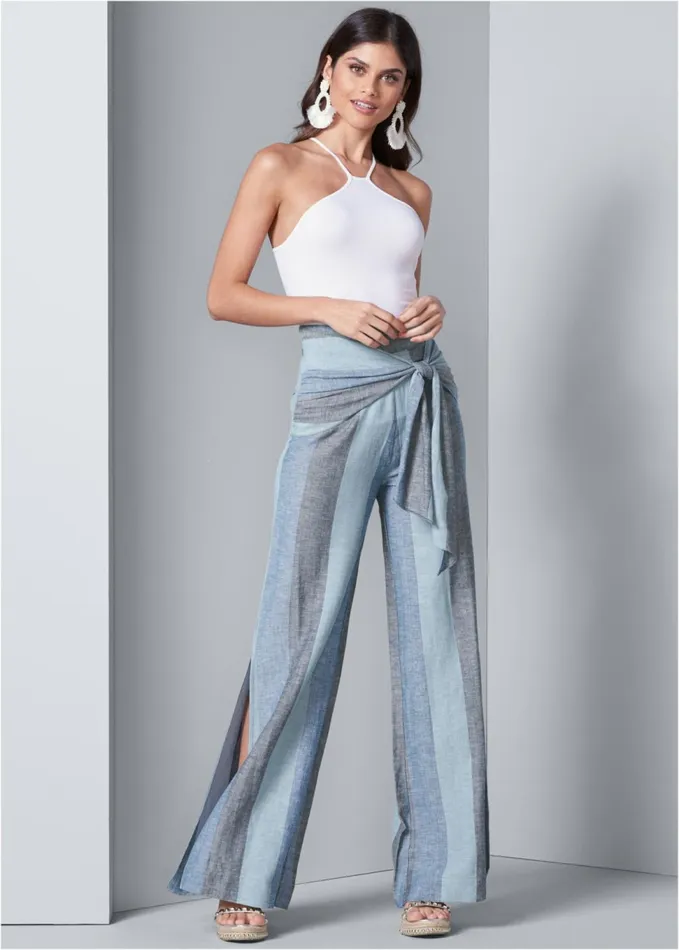 TIE FRONT LINEN PANTS Blue Multi Women VENUS Casual