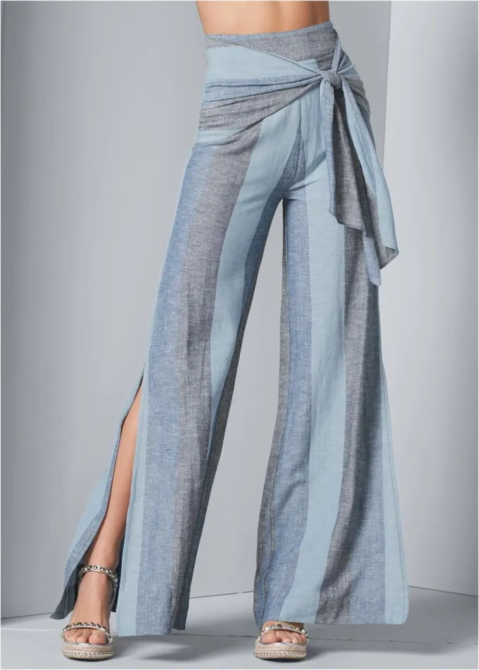 TIE FRONT LINEN PANTS Blue Multi Women VENUS Casual