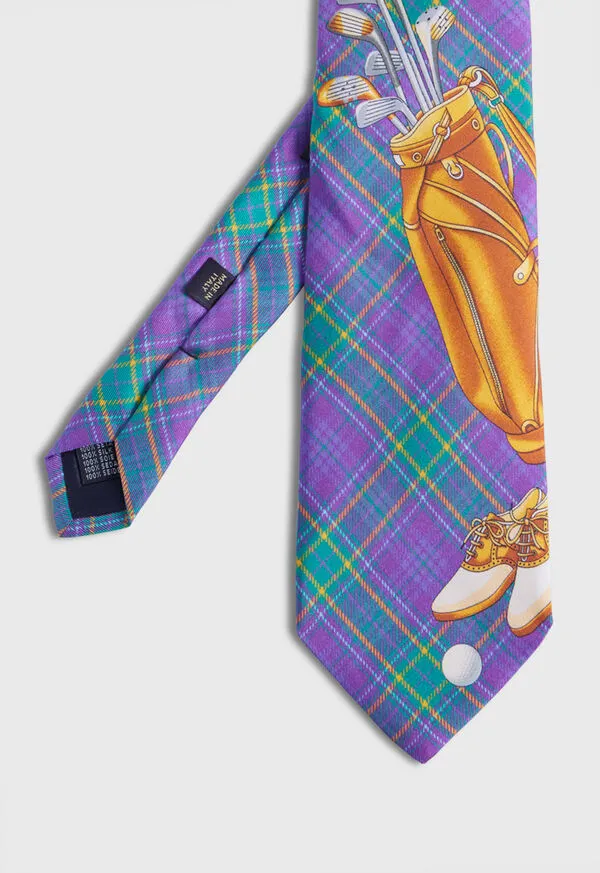 Ties Mens Plaid Golf Bag Print Silk Tie Purple Paulstuart