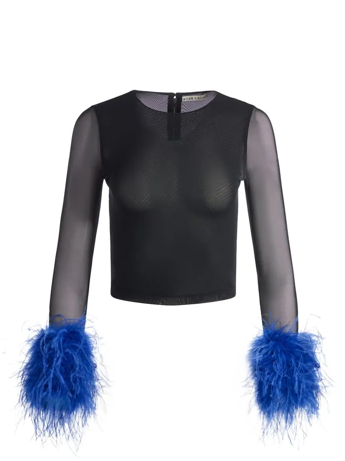 Tops Women Alice Olivia Delaina Feather Top Blackroyal