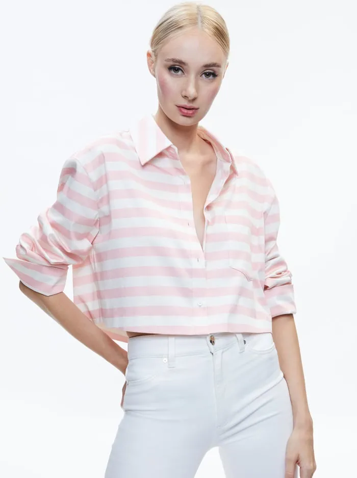 Tops Women Alice Olivia Finely Cropped Button Down Admiral Stripe Pink Lace