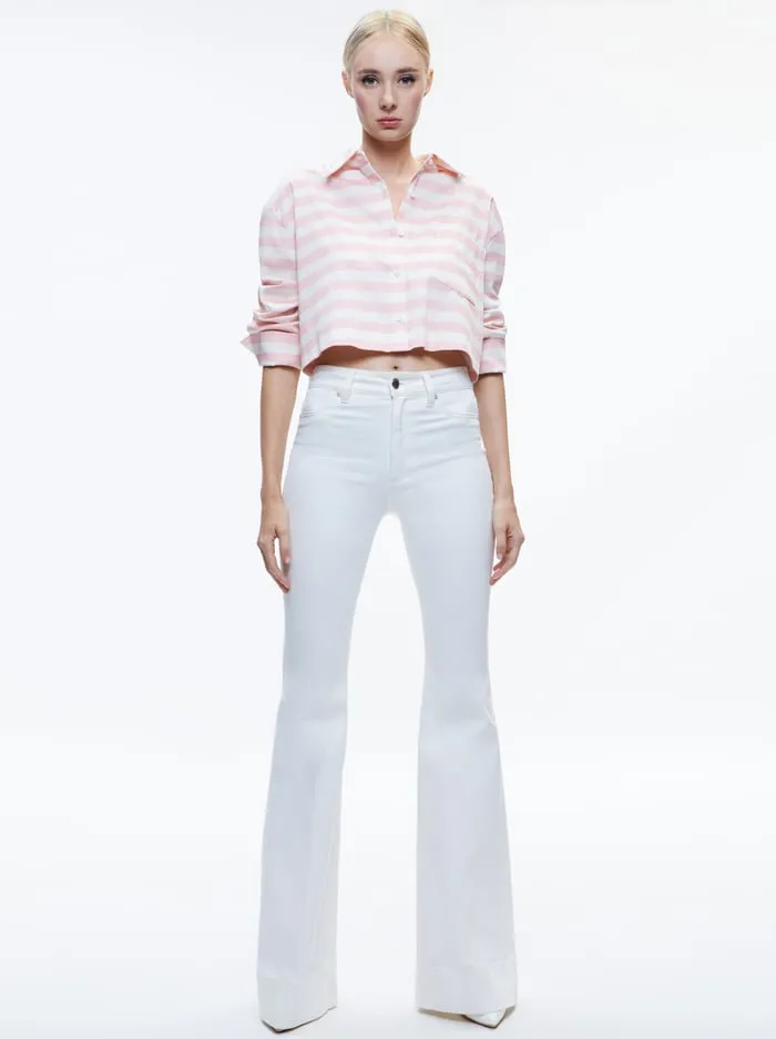 Tops Women Alice Olivia Finely Cropped Button Down Admiral Stripe Pink Lace