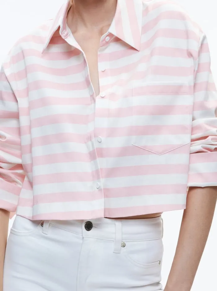 Tops Women Alice Olivia Finely Cropped Button Down Admiral Stripe Pink Lace