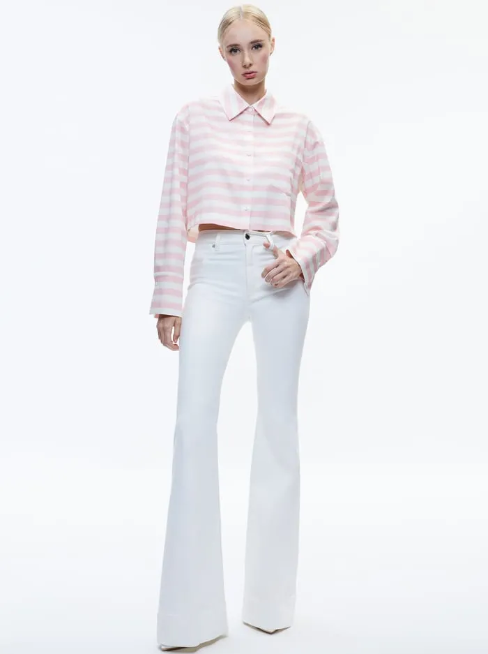 Tops Women Alice Olivia Finely Cropped Button Down Admiral Stripe Pink Lace
