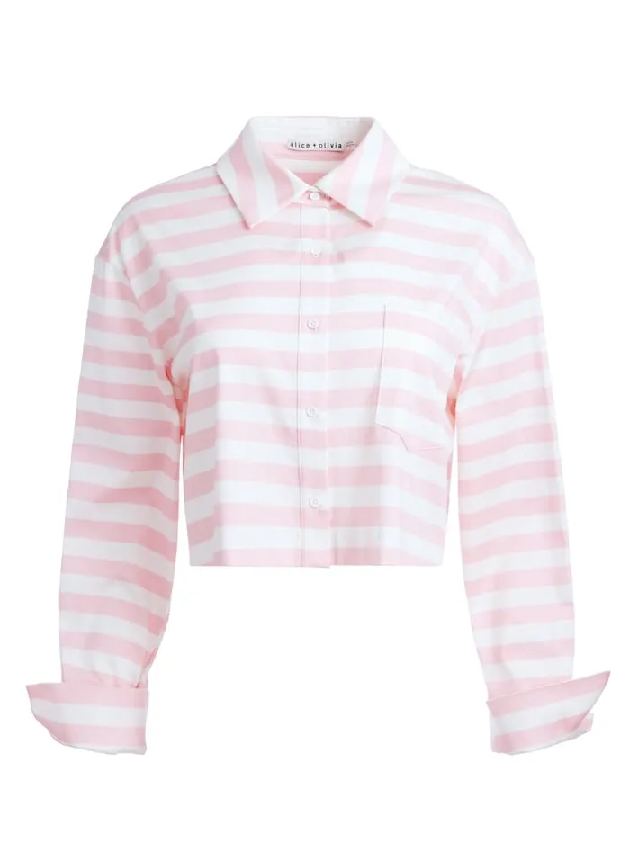 Tops Women Alice Olivia Finely Cropped Button Down Admiral Stripe Pink Lace