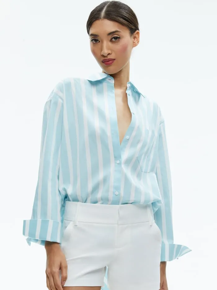 Tops Women Alice Olivia Finely Oversized Long Button Down Shirt Dream Stripe Spring Sky Tops Women Alice Olivia Finely Oversized Long Button Down Shirt Dream Stripe Spring Sky