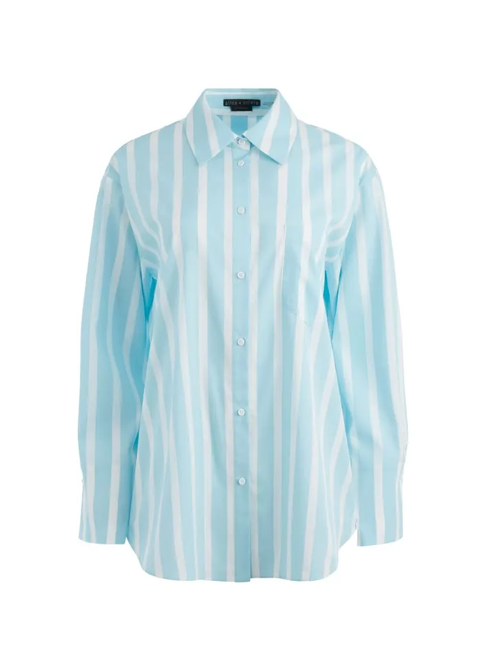 Tops Women Alice Olivia Finely Oversized Long Button Down Shirt Dream Stripe Spring Sky
