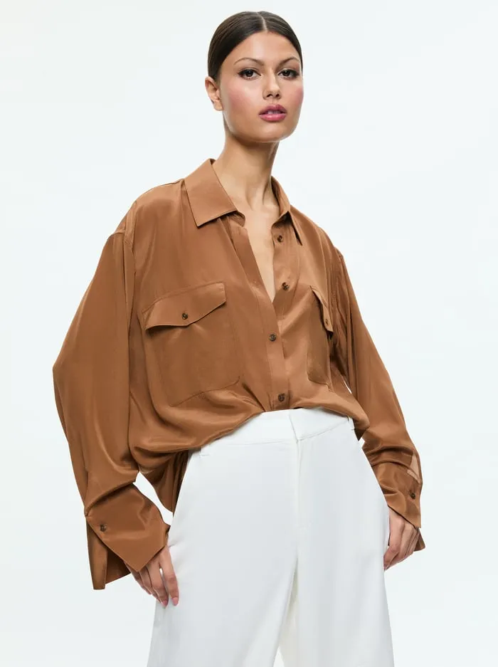 Tops Women Alice Olivia Finely Oversized Utility Shirt Camel