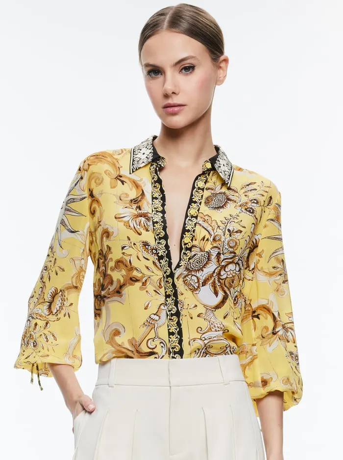 Tops Women Alice Olivia Willa Blouson Tie Sleeve Top Lisboa Lemon Meringue