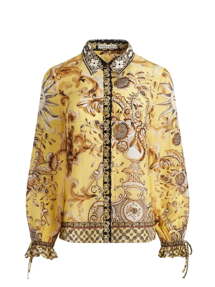 Tops Women Alice Olivia Willa Blouson Tie Sleeve Top Lisboa Lemon Meringue