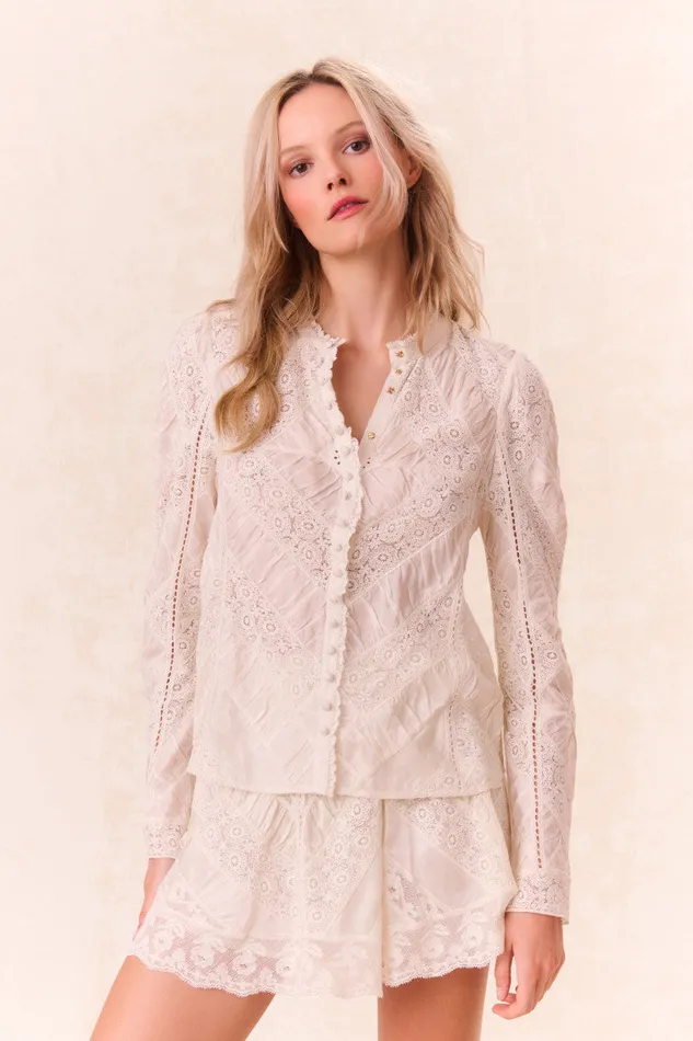 Tops Women LoveShackFancy Isaline Button Down Lace Top Off White
