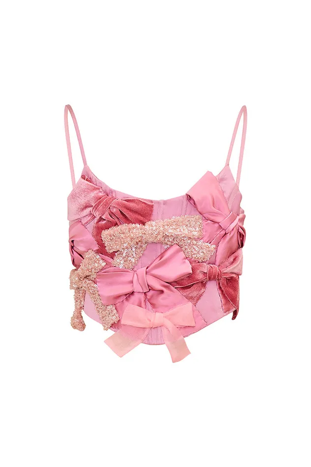 Tops Women LoveShackFancy Woodley Bow Bustier Top Pink Multi