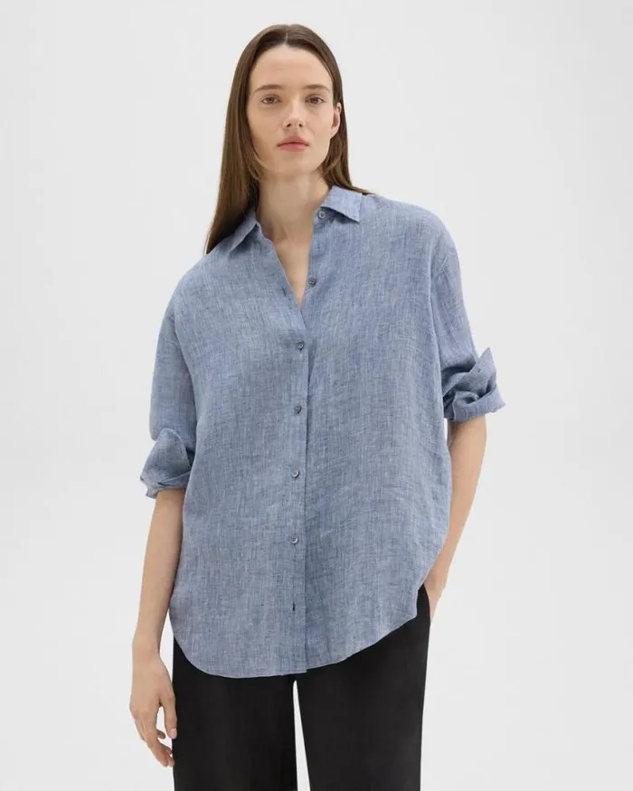 Tops Women Theory Boyfriend Shirt In Hemp Chambray