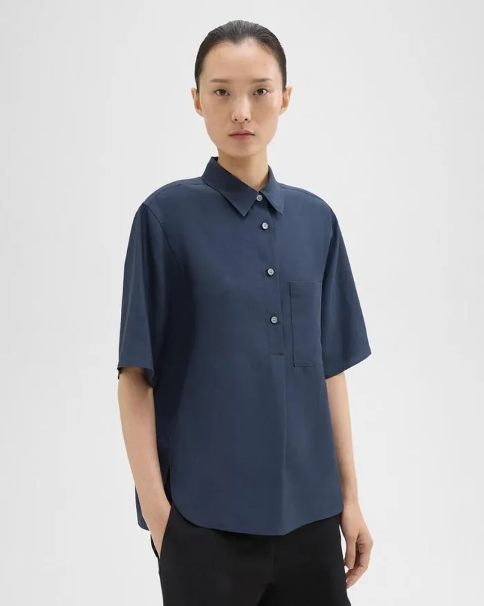Tops Women Theory ShortSleeve Silk Popover Shirt Eclipse