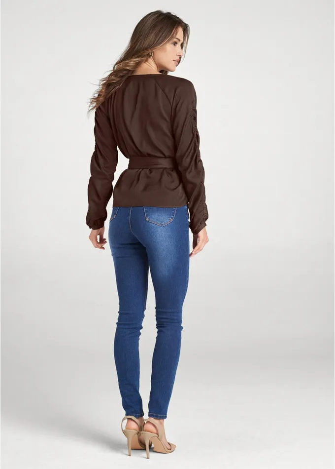VNECK BELTED TOP Dark Brown Women VENUS Blouses