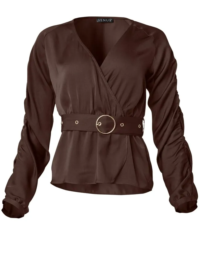 VNECK BELTED TOP Dark Brown Women VENUS Blouses