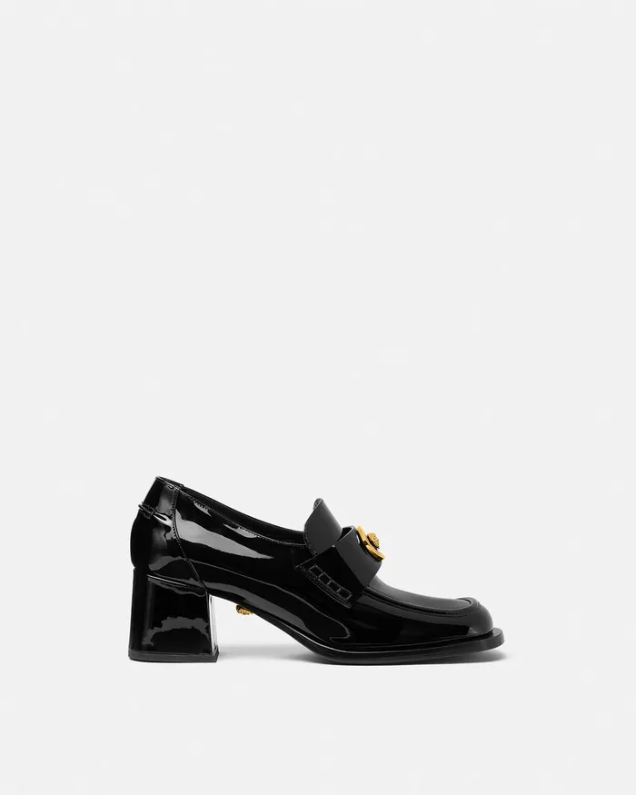 Versace Alia Patent Loafer Pumps 55 Mm Blackgold Women Loafers and Flats
