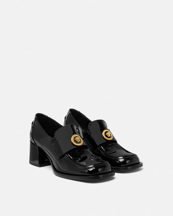 Versace Alia Patent Loafer Pumps 55 Mm Blackgold Women Loafers and Flats
