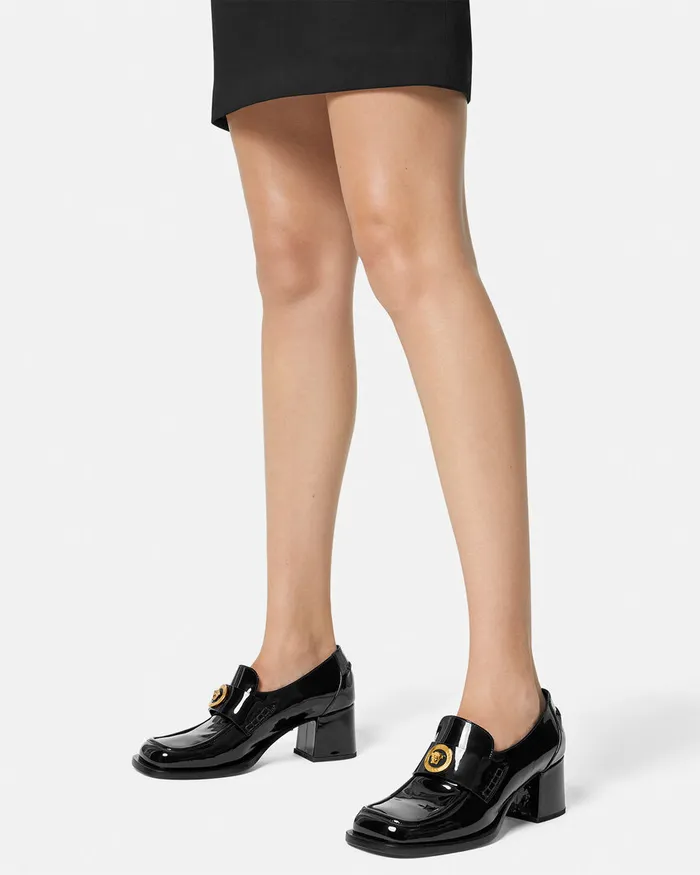 Versace Alia Patent Loafer Pumps 55 Mm Blackgold Women Loafers and Flats