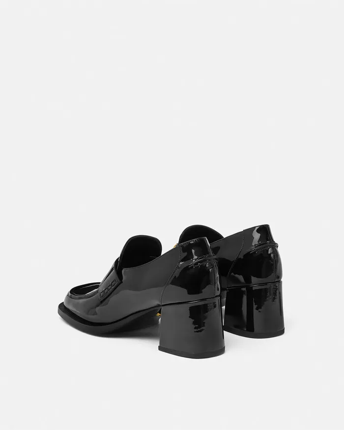 Versace Alia Patent Loafer Pumps 55 Mm Blackgold Women Loafers and Flats
