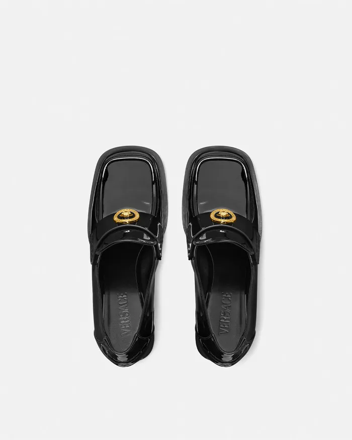 Versace Alia Patent Loafer Pumps 55 Mm Blackgold Women Loafers and Flats