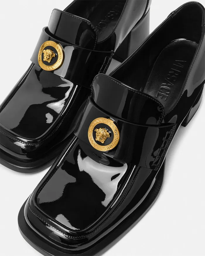 Versace Alia Patent Loafer Pumps 55 Mm Blackgold Women Loafers and Flats