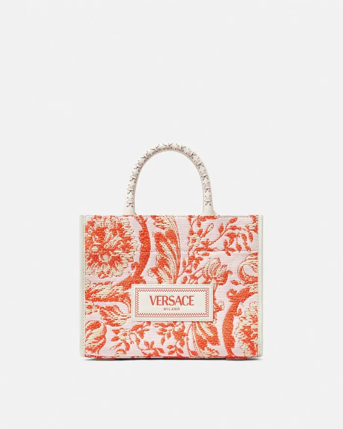 Versace Barocco Athena Raffia Small Tote Bag Coral Women Totes
