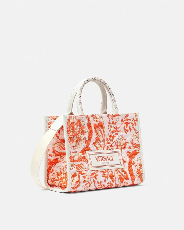 Versace Barocco Athena Raffia Small Tote Bag Coral Women Totes