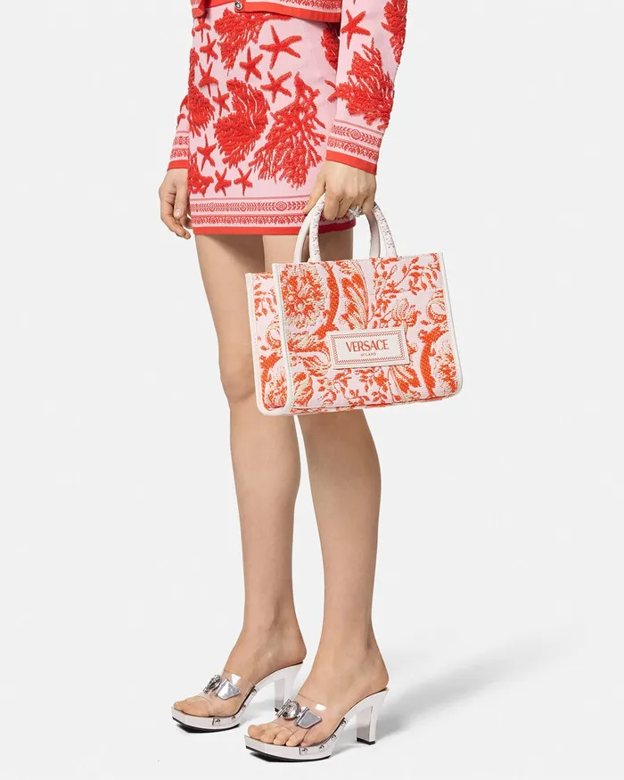 Versace Barocco Athena Raffia Small Tote Bag Coral Women Totes