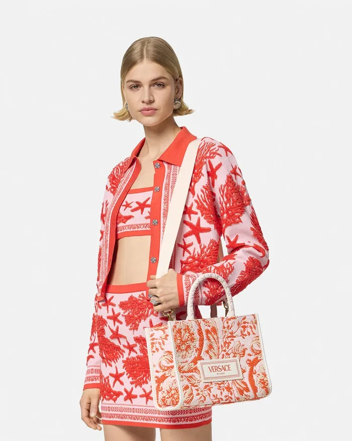 Versace Barocco Athena Raffia Small Tote Bag Coral Women Totes