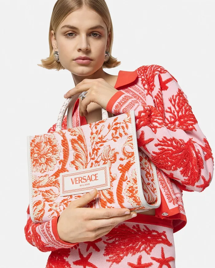 Versace Barocco Athena Raffia Small Tote Bag Coral Women Totes