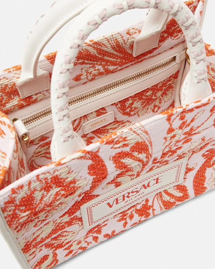 Versace Barocco Athena Raffia Small Tote Bag Coral Women Totes