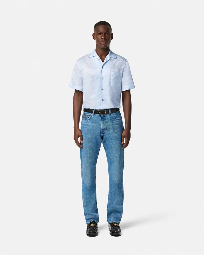 Versace Barocco Jacquard SilkBlend Shirt Light Blue Men Shirts