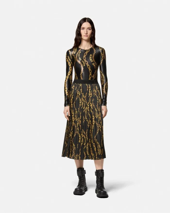 Versace Chain Couture Pleated Midi Skirt Blackgold Women Jeans Couture